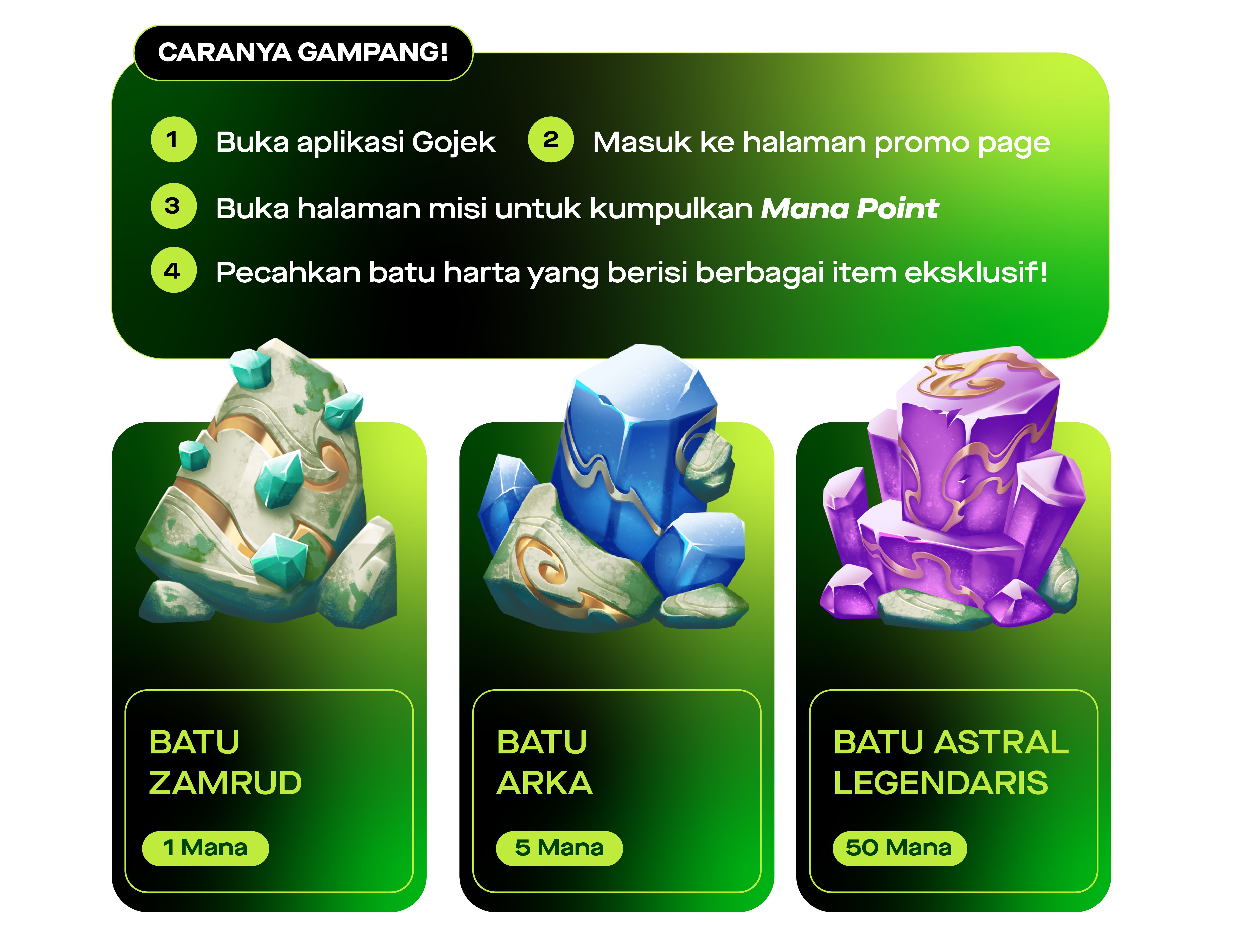 Caranya gampang~!  Buka aplikasi Gojek, masuk ke halaman promo page, buka halaman misi untuk kumpulkan Mana Point, dan pecahkan batu harta yang berisi berbagai item eksklusif! 