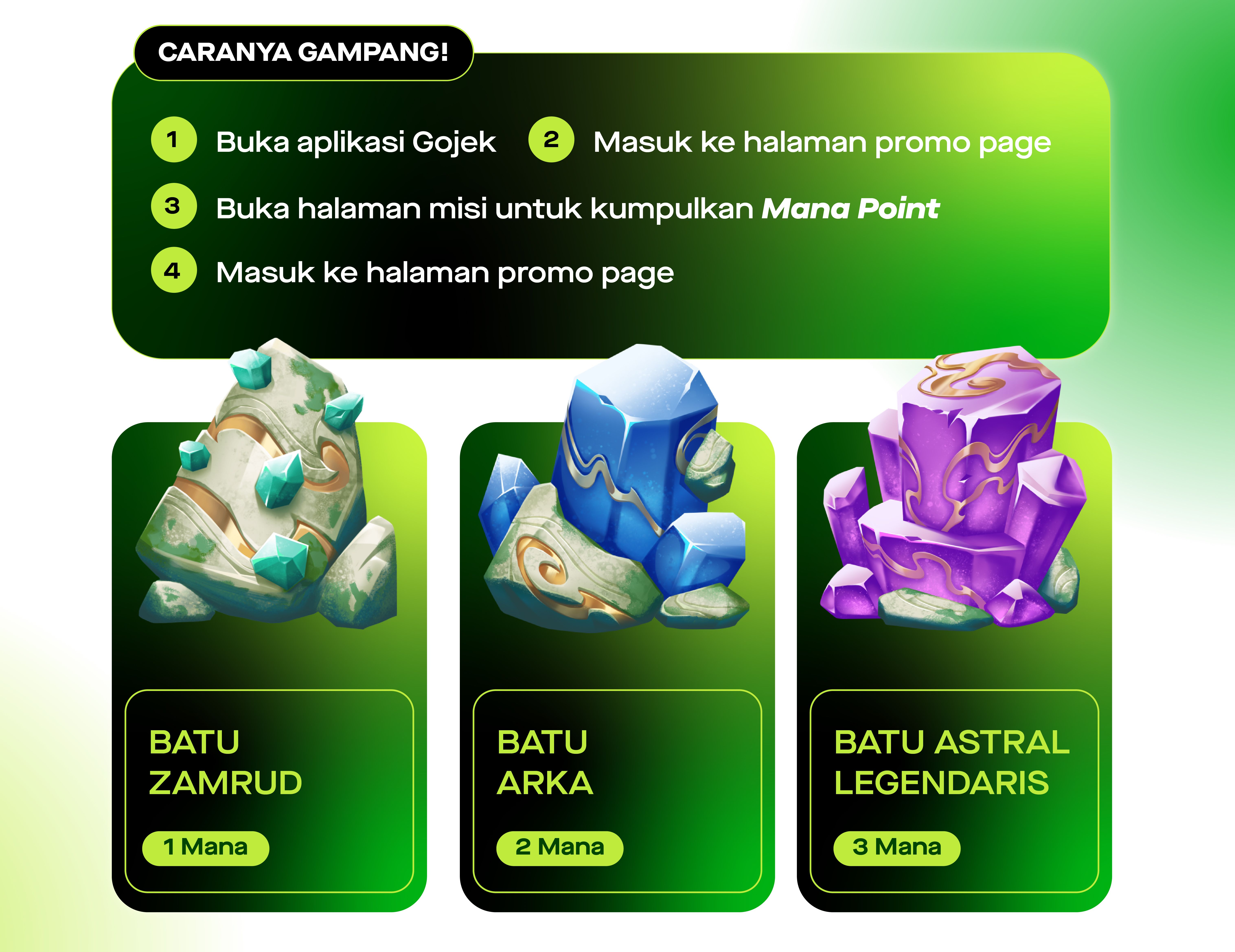 Caranya gampang~!  Buka aplikasi Gojek, masuk ke halaman promo page, buka halaman misi untuk kumpulkan Mana Point, dan pecahkan batu harta yang berisi berbagai item eksklusif! 
